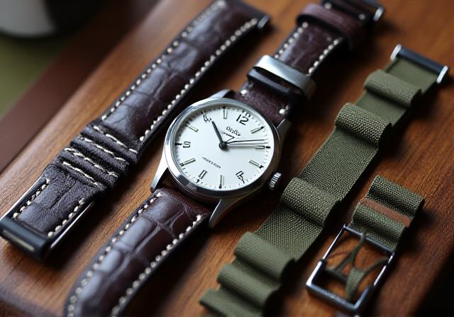 Verschillende luxe horlogebanden in leer, staal en NATO stijl naast een klassiek horloge