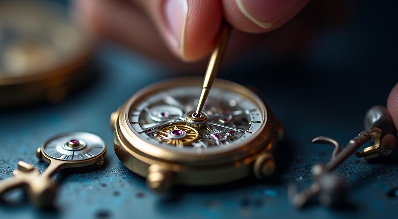 Close-up van een vakman die met precisiegereedschap aan een mechanisch uurwerk werkt